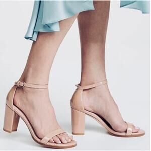 Stuart Weitzman Taupe Nearly Nude Patent Leather Block Heels 8 Patent Leather